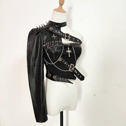 Punk Leather Rivet Single Shoulder Sleeve Coat Bead Chain Off-Shoulder Tube Top