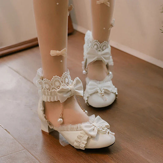 Lolita Lace Sweet Bow Pearl Shoes - 34-39