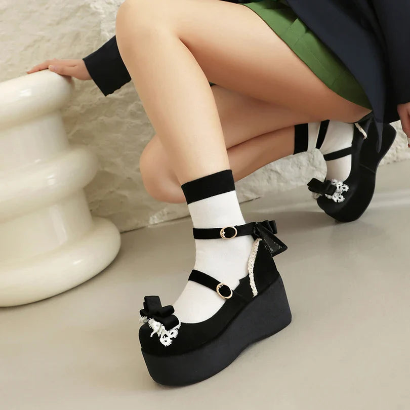 Frosted Flock Lace Bow Lolita Sponge Cake Heels Shoes - 34-45