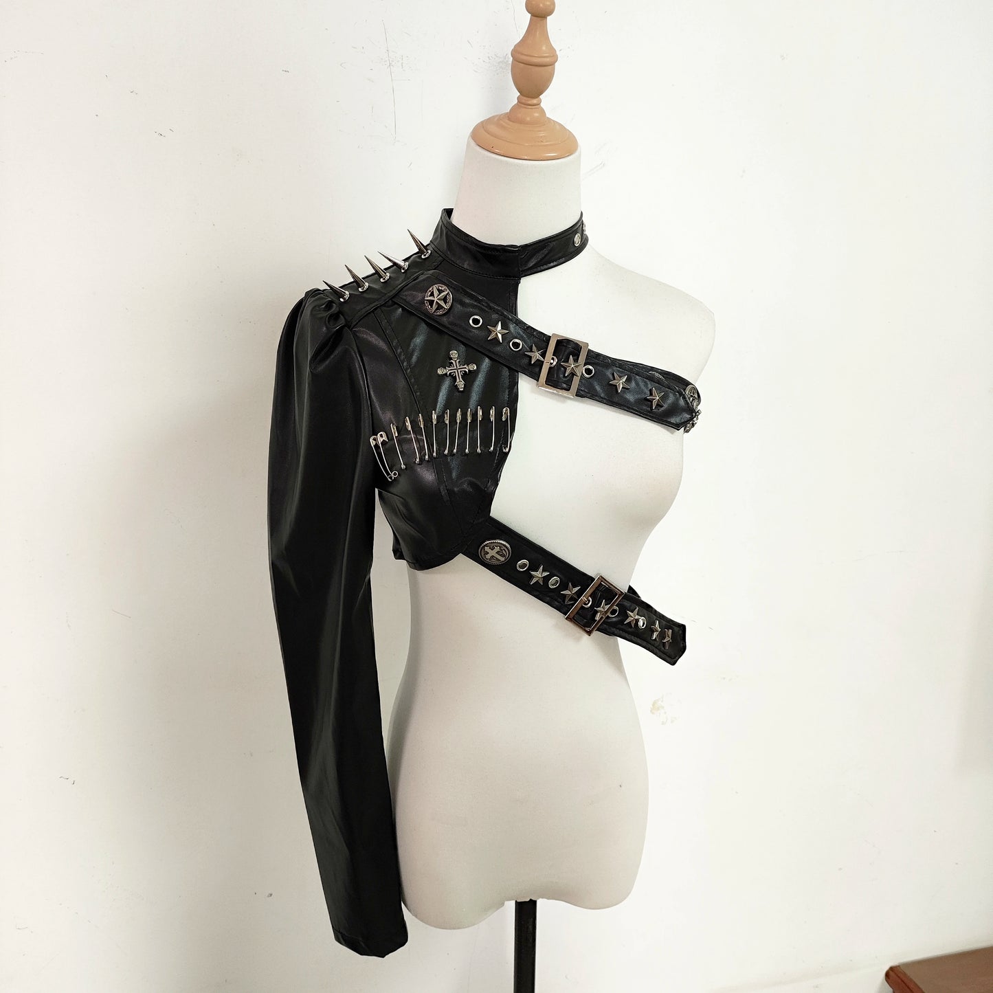 Punk Leather Rivet Single Shoulder Sleeve Coat Bead Chain Off-Shoulder Tube Top