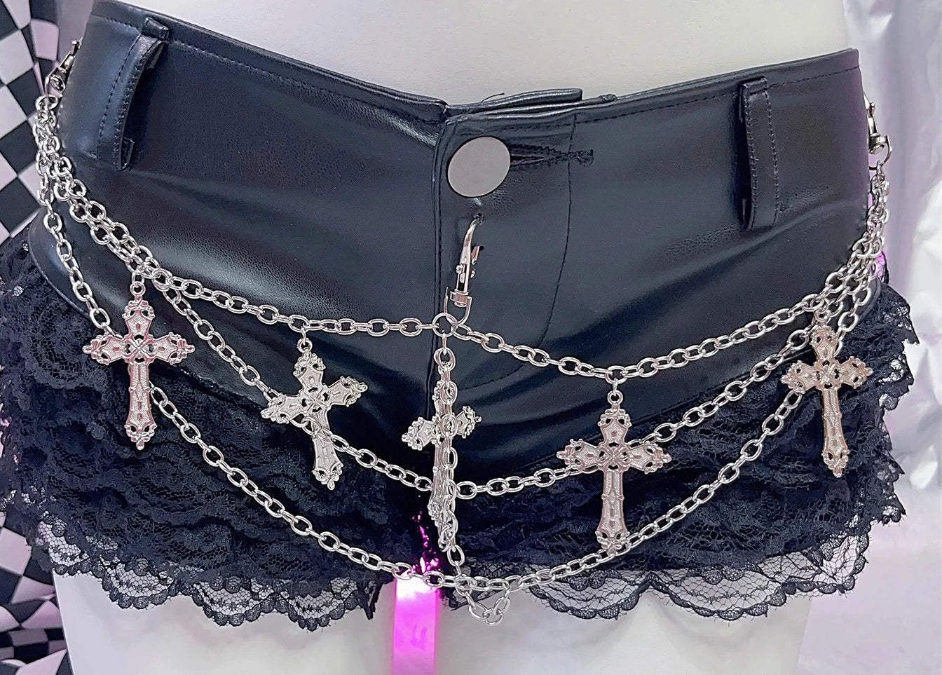 Black Punk Chain Lace Splicing PU Leather Rock Shorts