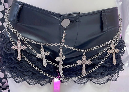 Black Punk Chain Lace Splicing PU Leather Rock Shorts