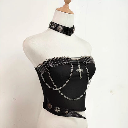 Punk Leather Rivet Single Shoulder Sleeve Coat Bead Chain Off-Shoulder Tube Top