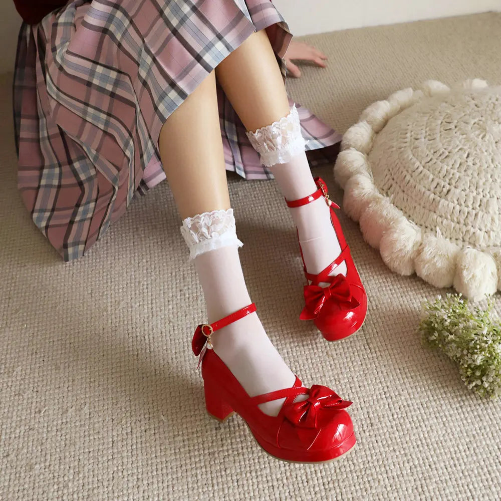 31-48 Red Bride Wedding Strappy Platform Mary Janes Pumps Ankle Strap Block Heels