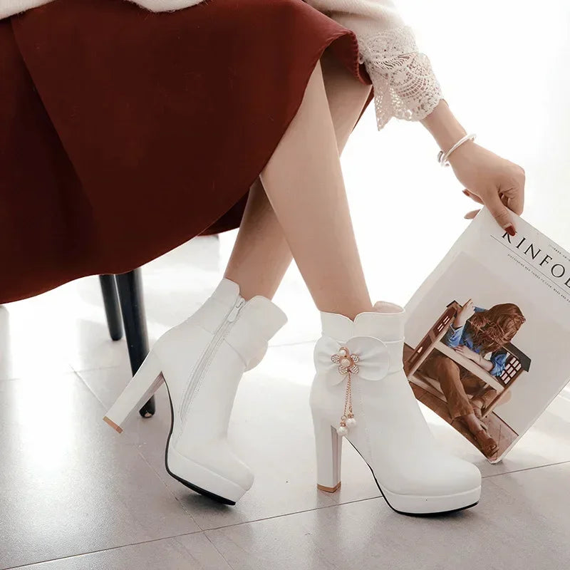 34-43 Lovely Lolita Party Wedding Butterfly-knot Bead Crystal Ankle Boots