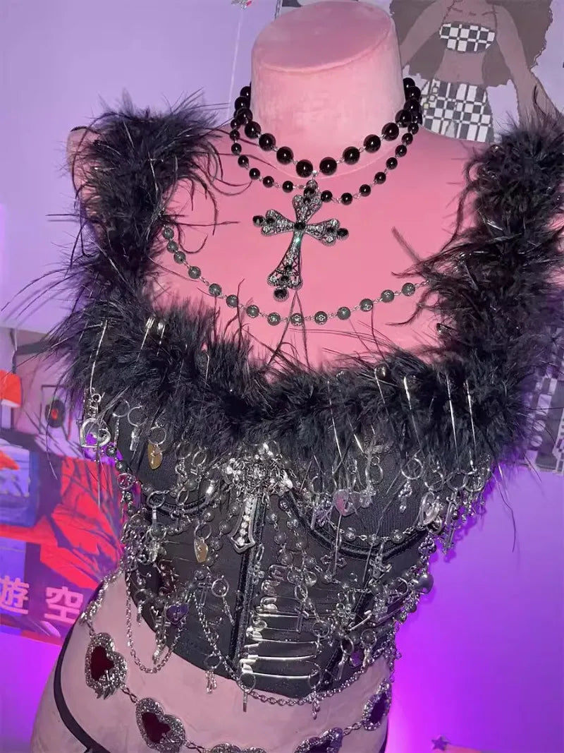 Y2K Punk Gothic Skull Chain Pin Vest Top