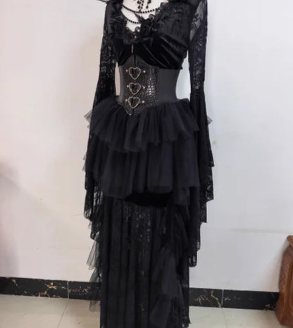 Gothic Y2k Black Lace Flared Long Sleeve Dress