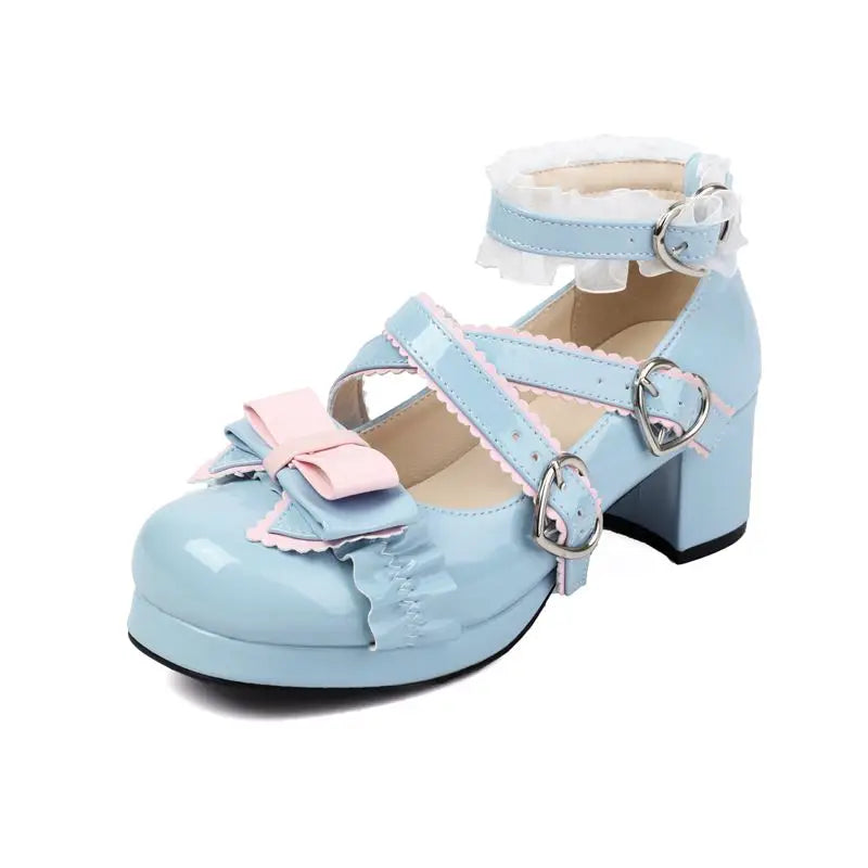 34-48 Sweet Lolita Pumps Block Heel Bowknot Ankel Buckle Strap Shoes