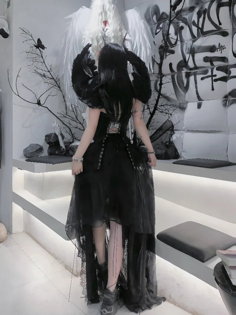 Pure Black Goth Dark Strap Drawstring Corset Bird Cage Affordable Corset Top