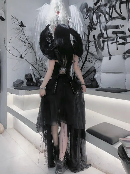 Pure Black Goth Dark Strap Drawstring Corset Bird Cage Affordable Corset Top