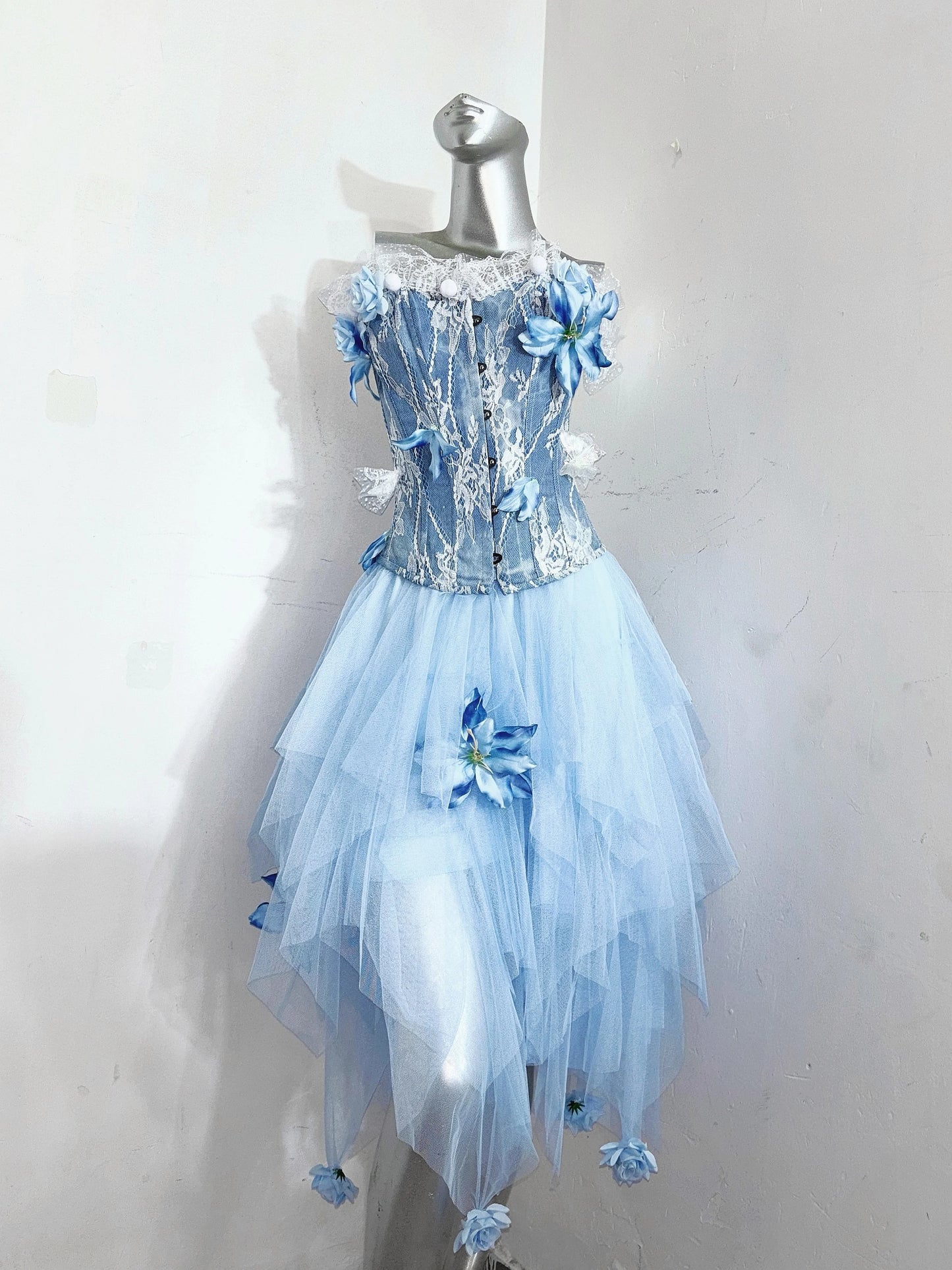 Blue Fairycore Butterfly Florals Patch Fishbone Ball Gown Mesh Gothic Dresses
