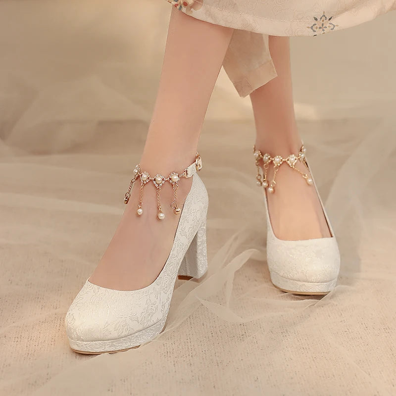 34-46 Elegant Cheongsam Round Toe Pearl One-piece High Heels
