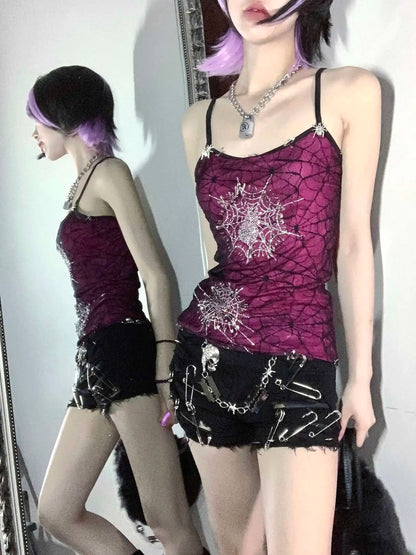 Dark Full Diamond Spider Web Barbie Purple Elastic Double Layer Strap Top