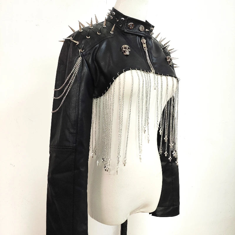 Punk Rivet Chain Tassel PU Leather Black Short Coat