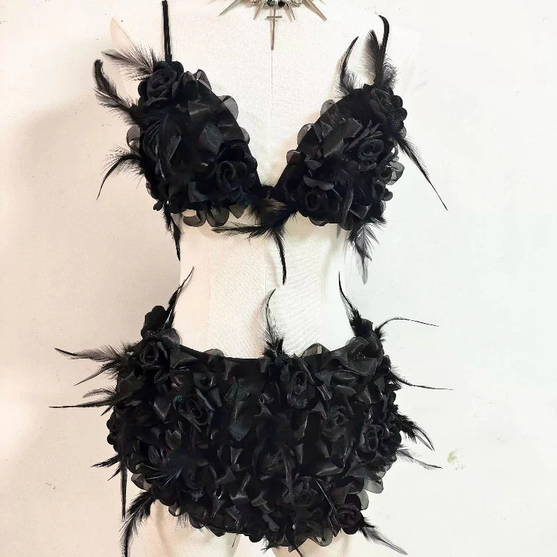 Gothic Dark Three-Dimensional Feather Flower Sling Set