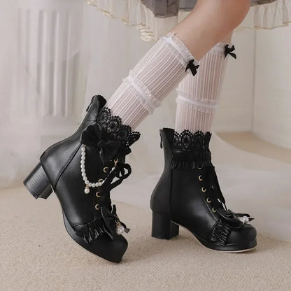 31-48 Pink String Bead Lace Pleated Bowknot Boots Shoes