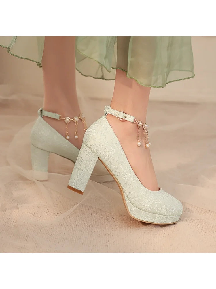34-46 Elegant Cheongsam Round Toe Pearl One-piece High Heels