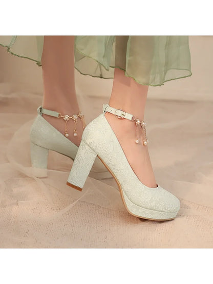 34-46 Elegant Cheongsam Round Toe Pearl One-piece High Heels
