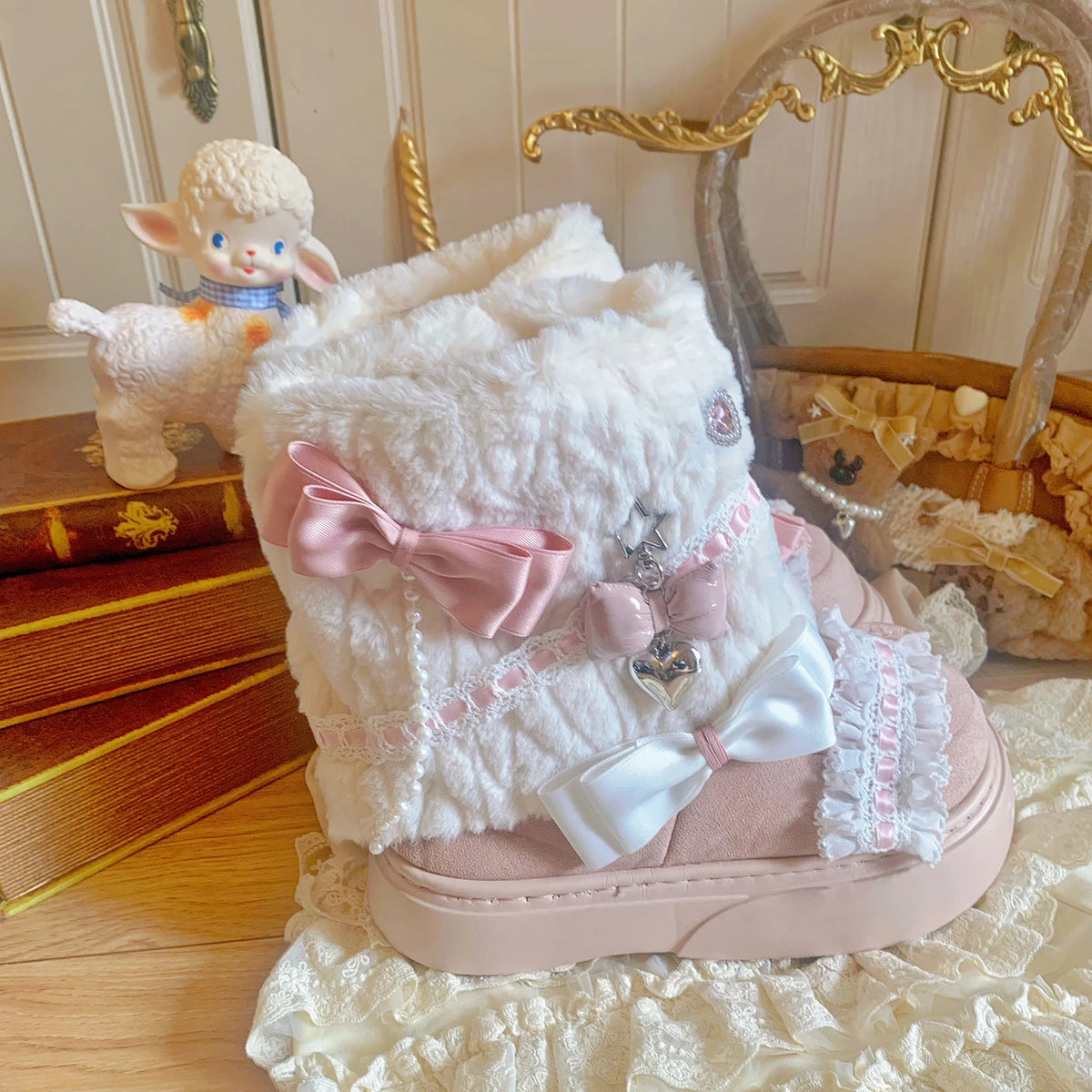 37-40 Sweet Winter Warm Bow Rabbit Fur Thick Snow Boots