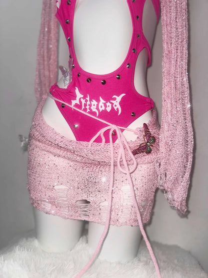 Pink Gothic Rivet Streetwear Onesie Shawl Skirt 3-piece Set