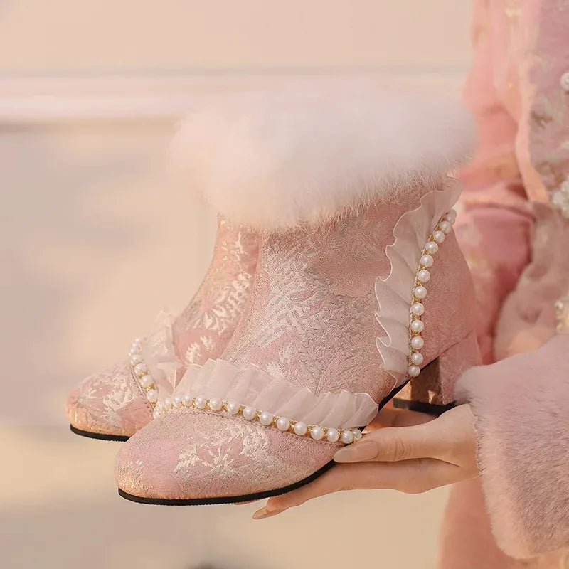 33-43 Elegant Cheongsam Beaded Rabbit Ankle Booties