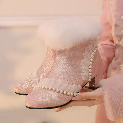 33-43 Elegant Cheongsam Beaded Rabbit Ankle Booties