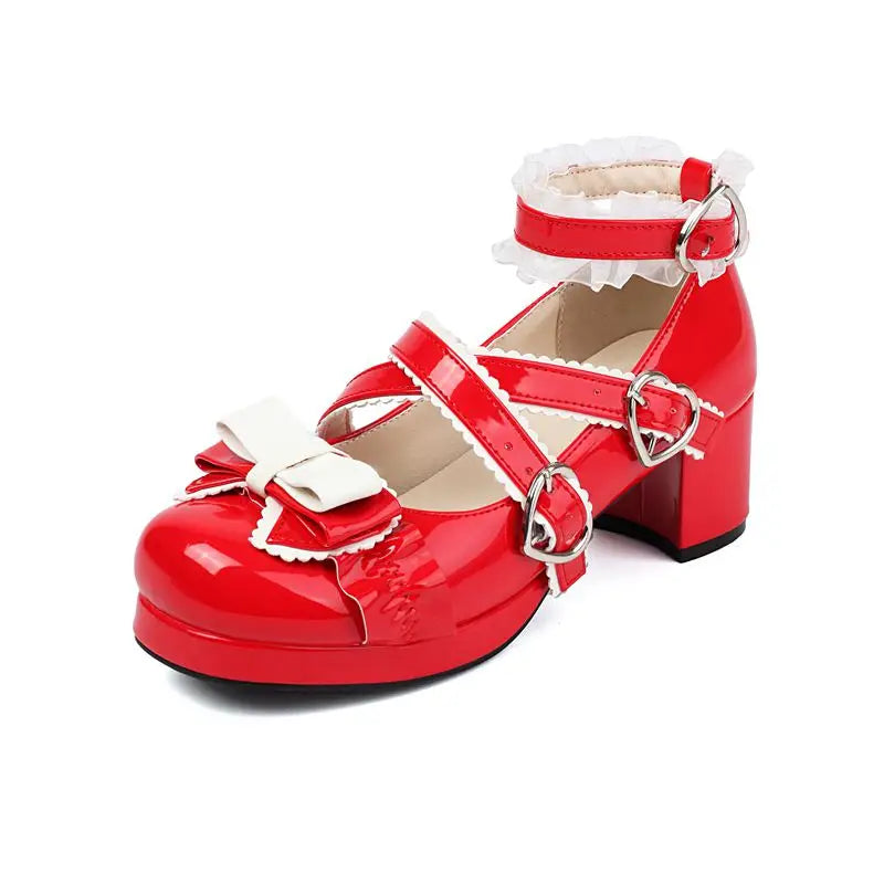 34-48 Sweet Lolita Pumps Block Heel Bowknot Ankel Buckle Strap Shoes