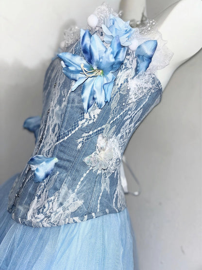 Blue Fairycore Butterfly Florals Patch Fishbone Ball Gown Mesh Gothic Dresses