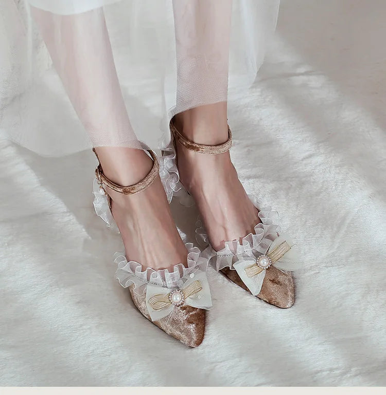 35-45 Red Metal Rhinestone Pearl Sandals Velvet Lolita Princess Shoes