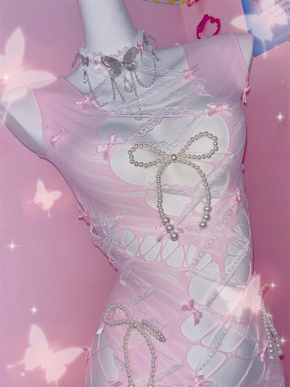 Pink Bowknot Ripped Hollow Out Pearl Tank Top Jumpsuit