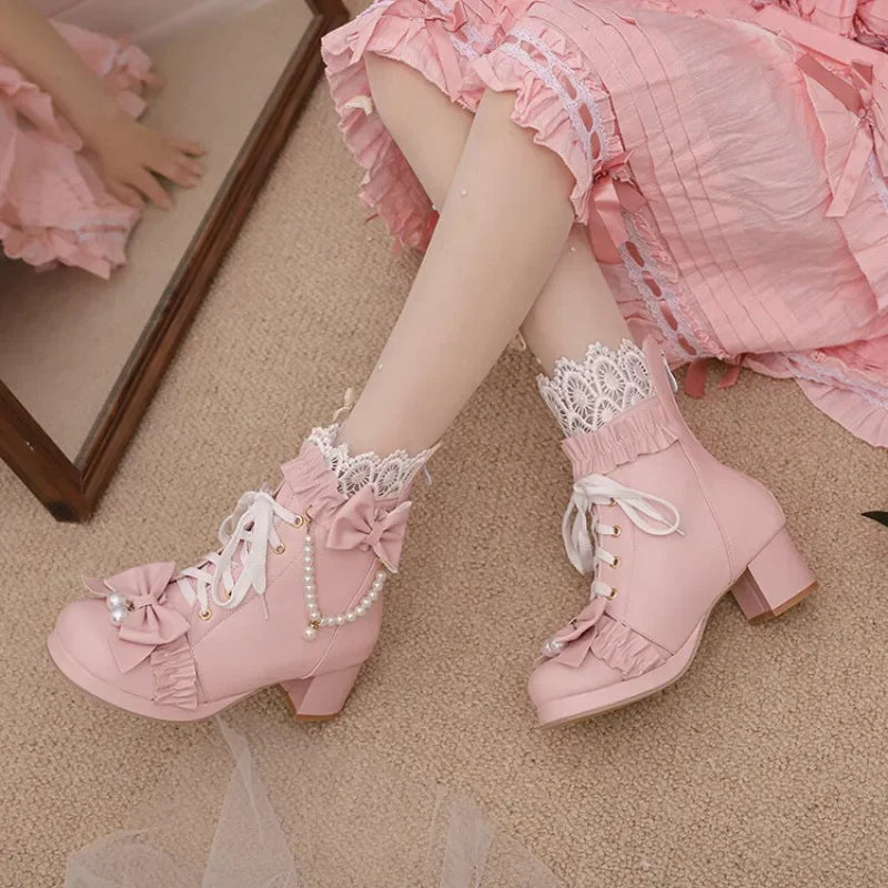 31-48 Pink String Bead Lace Pleated Bowknot Boots Shoes