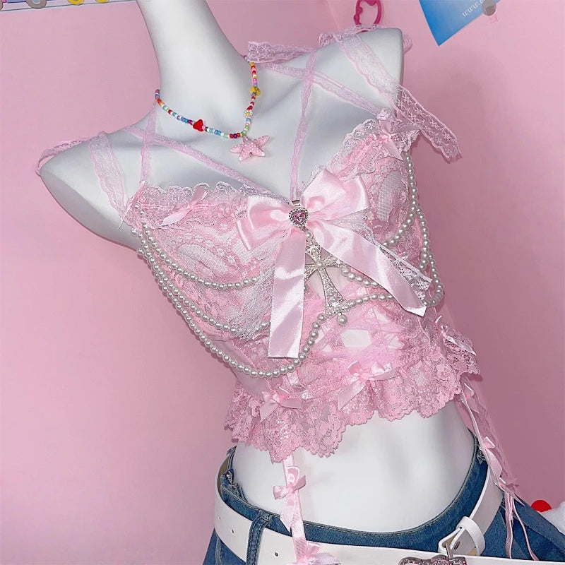 Pink Y2K Camisole Pearl Sweet Lace Sling Vest