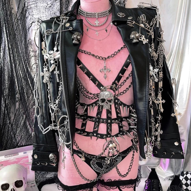 Black Punk Jacket Turn-down Collar Chain Rivet PU Leather Coat