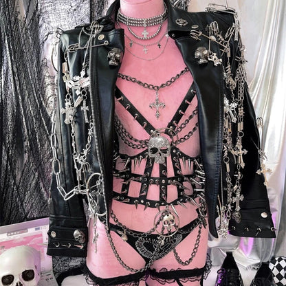 Black Punk Jacket Turn-down Collar Chain Rivet PU Leather Coat