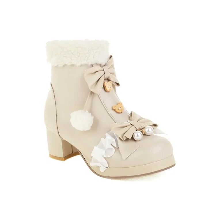 31-48 Pink Lolita Lovely Bow Knot Pompom Warm Faux Fur Boot