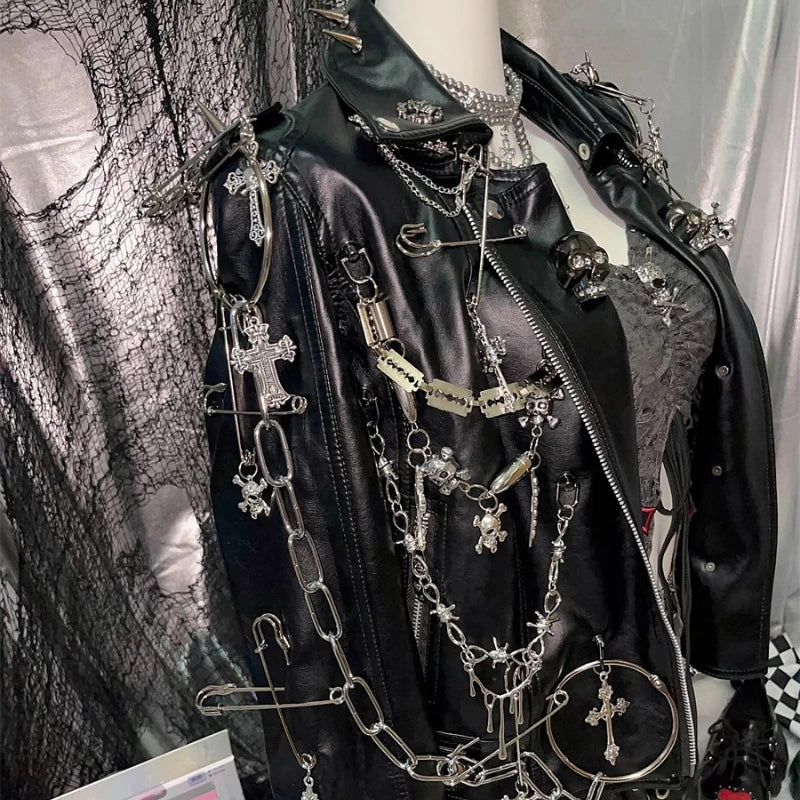 Black Punk Jacket Turn-down Collar Chain Rivet PU Leather Coat