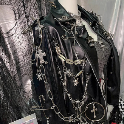 Black Punk Jacket Turn-down Collar Chain Rivet PU Leather Coat