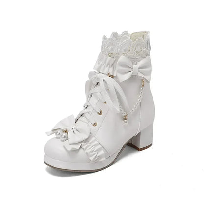 31-48 Pink String Bead Lace Pleated Bowknot Boots Shoes