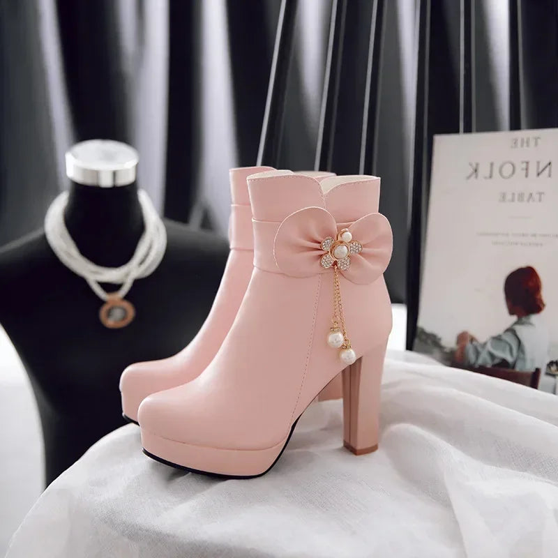 34-43 Lovely Lolita Party Wedding Butterfly-knot Bead Crystal Ankle Boots