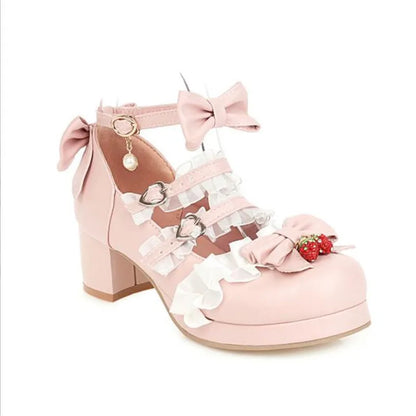 Bow Strawberry Ruffles Sweet Princess Wedding Shoes - 30-43