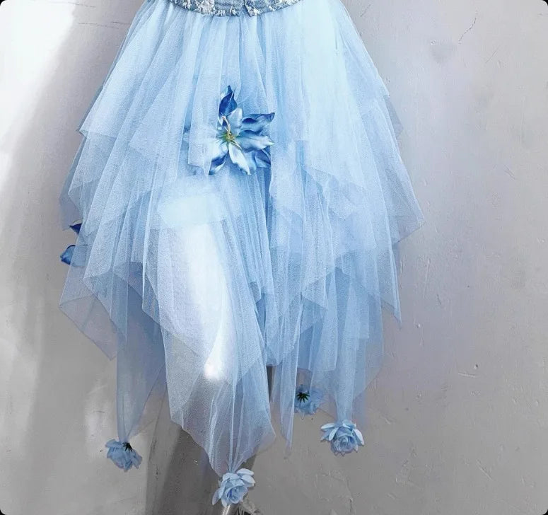 Blue Fairycore Butterfly Florals Patch Fishbone Ball Gown Mesh Gothic Dresses