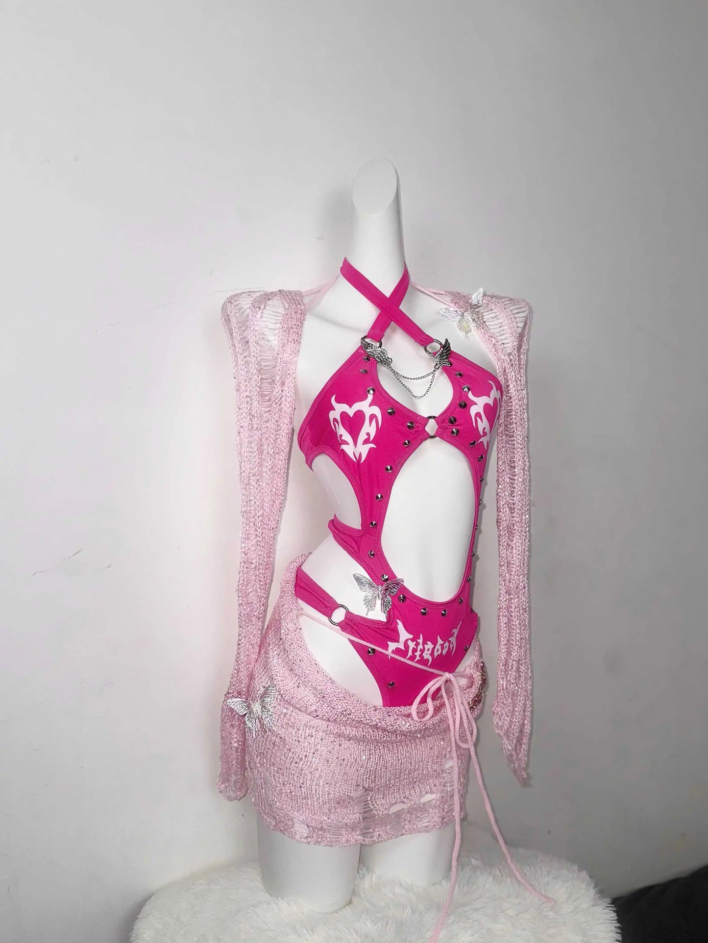 Pink Gothic Rivet Streetwear Onesie Shawl Skirt 3-piece Set