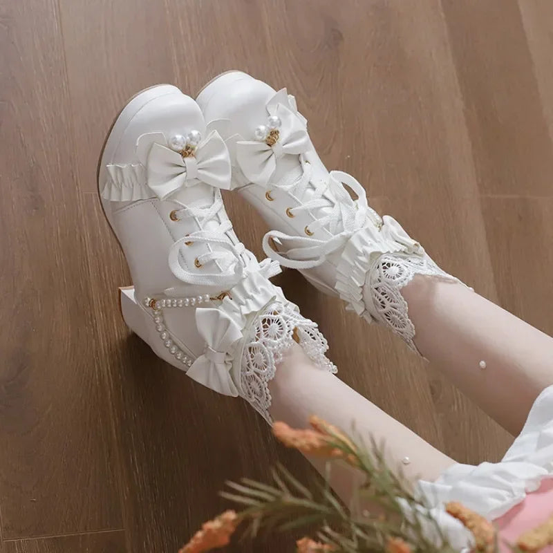 31-48 Pink String Bead Lace Pleated Bowknot Boots Shoes