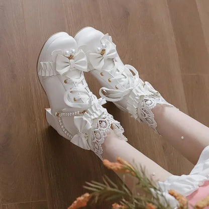 31-48 Pink String Bead Lace Pleated Bowknot Boots Shoes