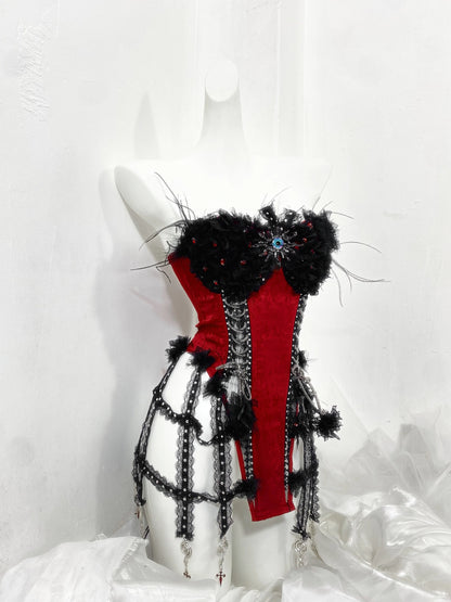 Red and Black Goth Strap Drawstring Fishbone Bra Birdcage Corset Top Trailing Skirt