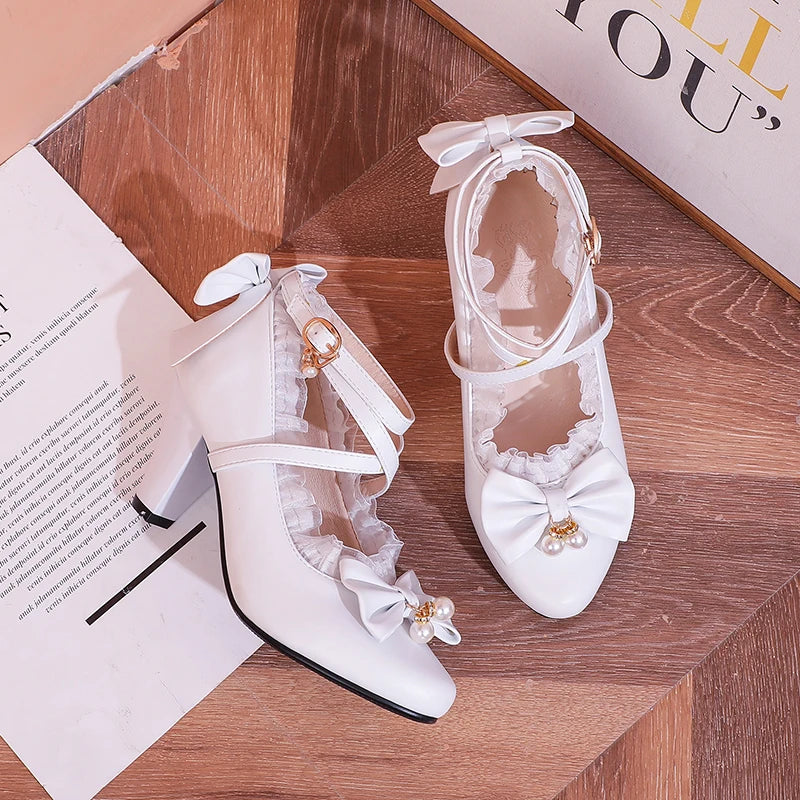 35-50 Lolita Black Pink Cross-Strap Bow Tea Party Shoes