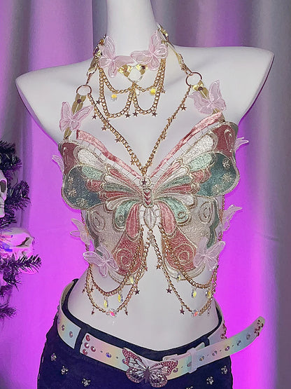 Embroidered Butterfly Metal Chain Vest