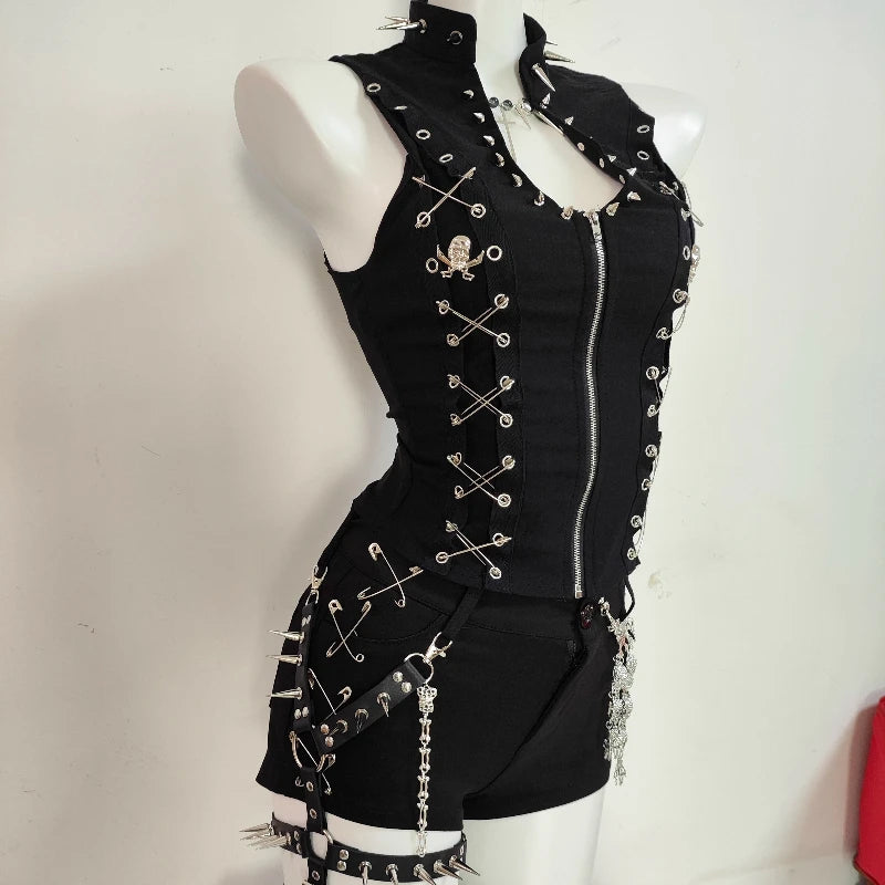 Gothic Punk Dark Y2K Rivet Vest Shorts Set