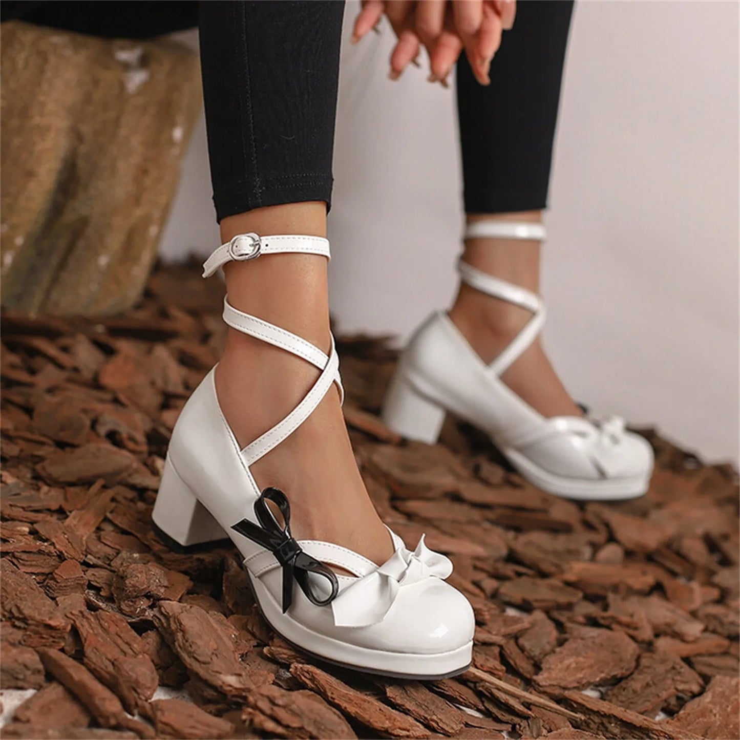 35-43 Bright Leather Sandals Lolita Bow Chunky Heel
