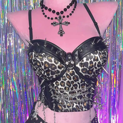 Y2K Punk Sling Leopard Print Metal Chain Vest